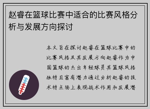 赵睿在篮球比赛中适合的比赛风格分析与发展方向探讨
