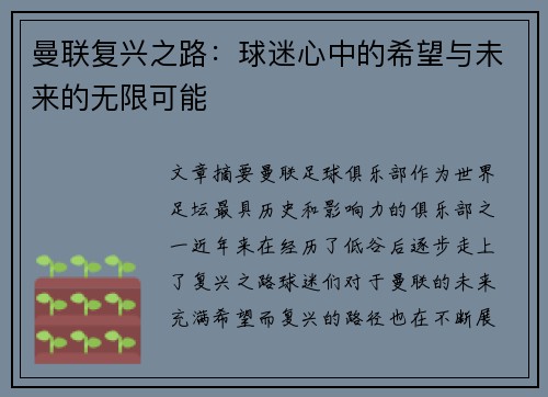 曼联复兴之路：球迷心中的希望与未来的无限可能