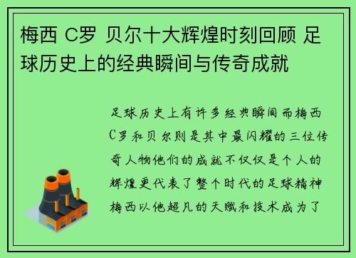 梅西 C罗 贝尔十大辉煌时刻回顾 足球历史上的经典瞬间与传奇成就